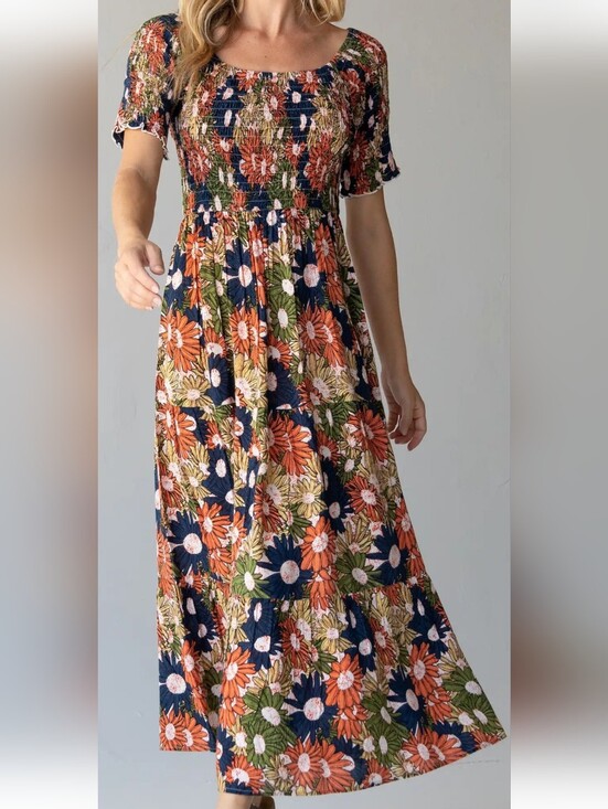 NATURAL LIFE Dresses & Skirts - NATURAL LIFE Navy Maxi Dress with Orange Floral Print Size M